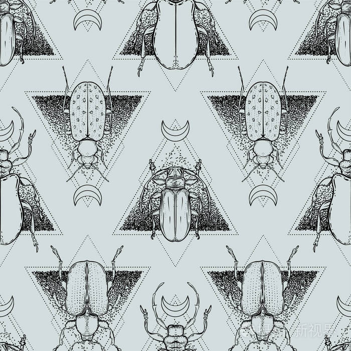 黑白甲虫在神圣的几何隔离矢量插图. 无缝图案. 神秘的符号和昆虫.