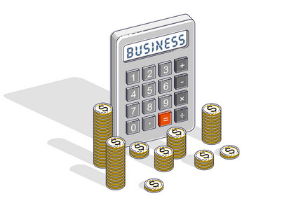 商业和簿记或会计概念计算器和货币现金美元堆栈和硬币孤立在白色背景。 矢量3D等距业务和财务说明。