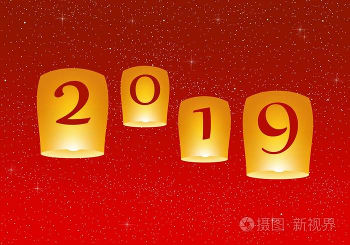 新年问候2019年，明亮的红色背景，闪烁的星星，黄色的灯光，飞舞的中国幸运灯笼，数量众多