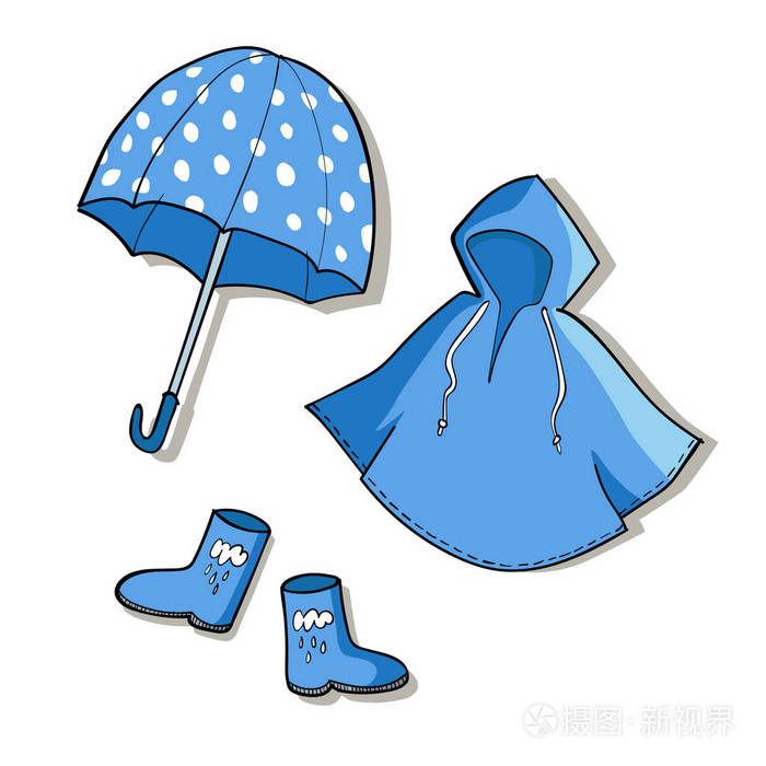 蓝色雨天衣服。矢量素描插图