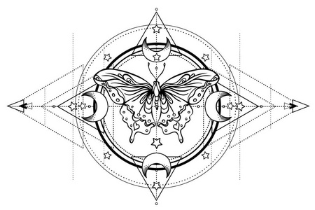 黑白蝴蝶在神圣的几何标志上孤立的矢量插图。 纹身素描。 神秘的符号和昆虫。 炼金术神秘灵性着色书。 手绘古董。