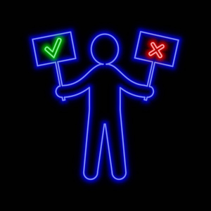 有批准和拒绝标志的人的数字。 选择概念霓虹灯标志。 黑色背景上明亮的发光符号。 霓虹灯风格图标。