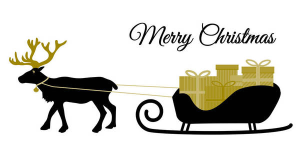 圣诞驯鹿与衣领和礼物盒堆圣诞老人雪橇, 黑色 silhoutte 和金色色调, 平面设计矢量圣诞快乐