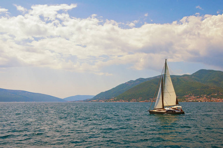 美丽的夏季地中海景观。 帆船沿科托尔湾海岸航行。 黑山。 旅行概念