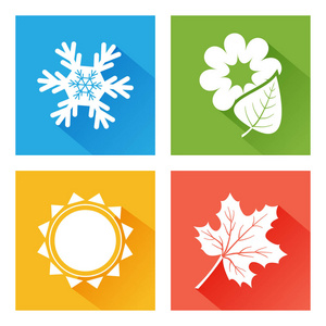 季节图标。 一套自然。 蓝色的冬天，雪花绿色的春天，花和叶子黄色的夏天，太阳橙色的秋天，枫叶。 矢量插图