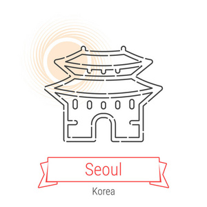 首尔韩国矢量线图标与红色丝带隔离在白色.