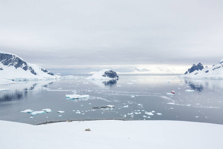 南极的冰盖，海洋中的冰山在海洋中游动，在海洋中融化