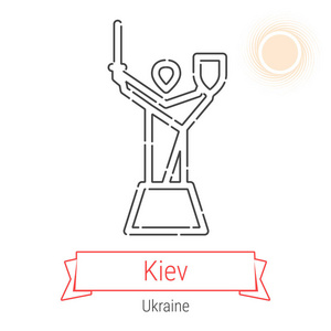 基辅乌克兰矢量线图标与红色丝带隔离在白色。 基辅地标标志印刷标签符号。 自由雕像象形文字。 世界城市收藏。