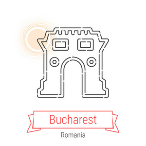 布加勒斯特，罗马尼亚矢量线图标与红丝带隔离在白色。布加勒斯特地标标志印刷标签符号。布加勒斯特凯旋门邮图。世界城市收藏。