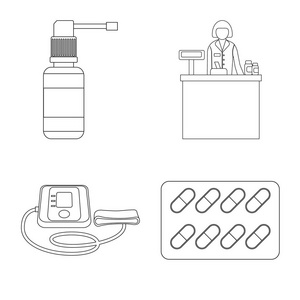 药房和医院标识的矢量插图。一套药房和业务矢量图标的库存。