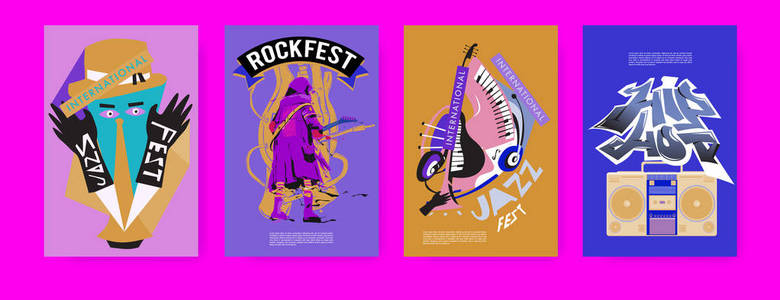 矢量集音乐活动海报设计模板..摇滚，爵士乐，布鲁斯和嘻哈海报设计。