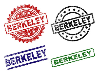 伯克利印章印有遇险纹理。黑色，绿色，红色，蓝色矢量橡胶印的BERKELEY标签与灰色纹理。有圆形，长方形，奖牌形状的橡胶密封件.