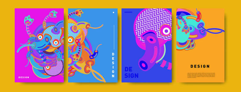 抽象彩色拼贴海报设计模板。 涂鸦插图和流体覆盖设计。 蓝色、黄色、红色、橙色、粉红色和绿色。 矢量横幅海报模板