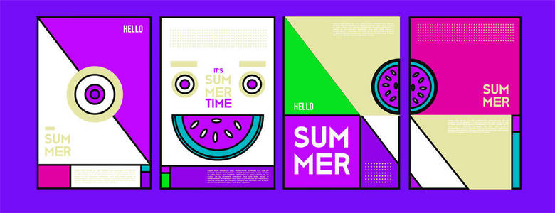 夏季彩色海报设计模板。 一套夏季销售背景和插图。 夏季活动海报和横幅的极简设计风格