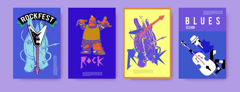 矢量集音乐事件海报设计模板。 摇滚爵士布鲁斯和嘻哈海报设计。