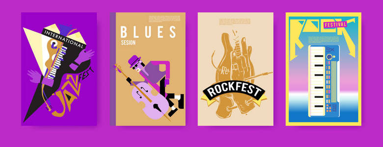 矢量集音乐事件海报设计模板。 摇滚爵士布鲁斯和嘻哈海报设计。