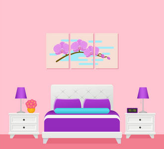 公寓里的卡通房屋设备. 五颜六色的粉红色紫罗兰插图. 动照片