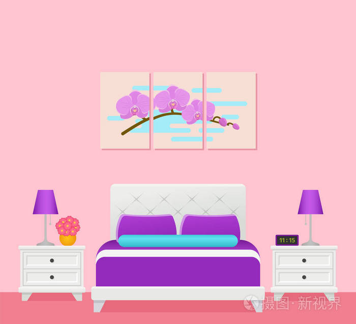 酒店客房内部. 矢量. 卧室有双人床. 现代家居空间与家具的平面设计.