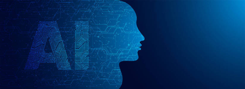 未来人工智能A I人脸用数字电路制作的人工智能文本在蓝色背景下进行网页横幅设计。