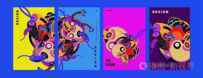 抽象彩色拼贴海报设计模板。 涂鸦插图和流体覆盖设计。 蓝色、黄色、红色、橙色、粉红色和绿色。 矢量横幅海报模板