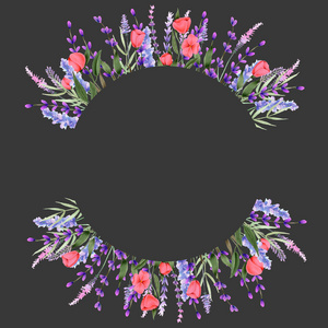 圆圈框边框与水彩，粉红色野花和薰衣草的手画在黑暗的背景上