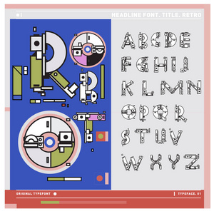 彩色复古字母的向量。 独特的字体设计和插图模板与技术和机器人风格。 海报和标题出版物的排版。