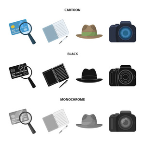 照相机, 放大镜, 帽子, 笔记本和钢笔。侦探集合图标在卡通, 黑色, 单色风格矢量符号股票插画网站
