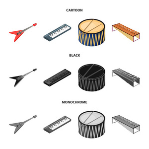 乐器卡通, 黑色, 单色图标在集合中进行设计。弦与风仪等距向量符号股票 web 插图