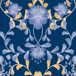 蓝色花朵纹理的无缝花朵图案gzhel