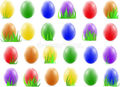 绿草上有许多漂亮的复活节彩蛋