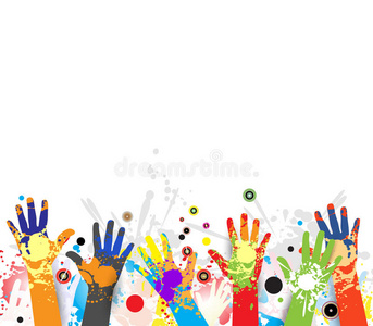 孩子们用彩色颜料抽象双手