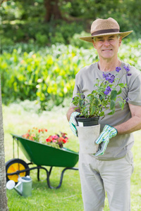 微笑的人拿着盆栽植物在花园里图片