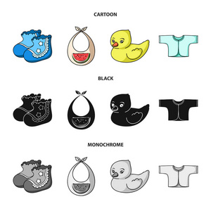 袜子, 围兜, 玩具鸭, raspashonka。婴儿出生集合图标在卡通, 黑色, 单色风格矢量符号股票插画网站
