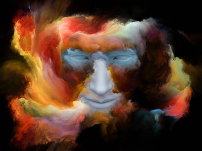 心灵雾系列。 用分形颜料绘制的人脸三维插图，以人的内心世界梦想情感创造力想象力和人的心灵为主题