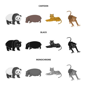 竹熊, 河马, 野生动物老虎, 猴子。野生动物集合图标在卡通, 黑色, 单色风格矢量符号股票插画网站