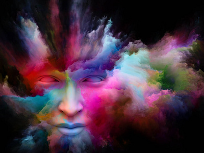 心灵雾系列。 人脸三维渲染的构成以分形画为主题的内心世界梦情感想象和创造性思维