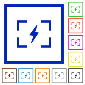 相机闪光灯模式平面彩色图标的方形框架白色背景