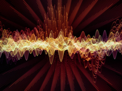 波函数系列。 彩色正弦振动背景光和分形元素对声音均衡器音乐谱和量子概率的影响