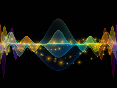 波函数系列。 色正弦振动光和分形元素构成的设计，以此隐喻均衡器音乐谱和量子概率
