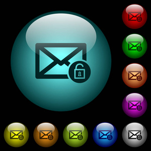 解锁邮件图标的颜色照明球形玻璃按钮在黑色背景。 可用于黑色或深色模板