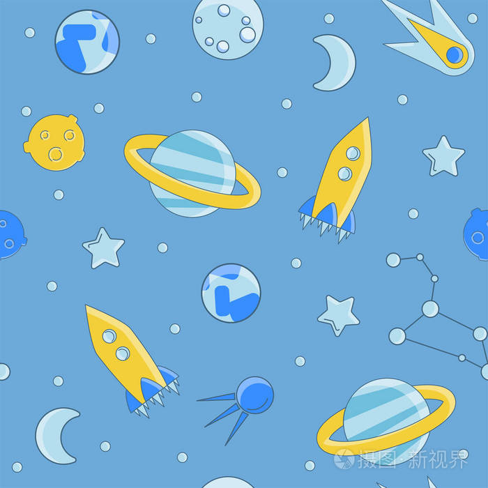 卡通平板儿童空间与宇宙科学无缝模式 行星 火箭 星星和其他空间元素在简单可爱的矢量背景 儿童 儿童科学与空间的好奇心观念插画 正版商用图片12pa4m 摄图新视界