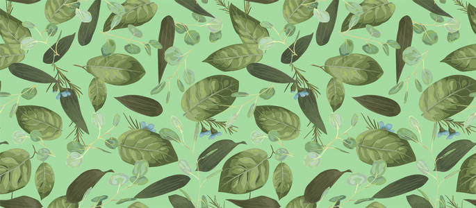 无缝图案背景纹理打印与浅水彩手画绿色桉树百合叶植物。 柔软优雅的纺织面料包装背景