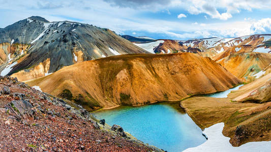 美丽的彩色火山山脉，冰岛，夏季，全景