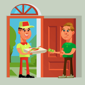 披萨送货员把食物带给消费者。 带走快餐矢量卡通插图