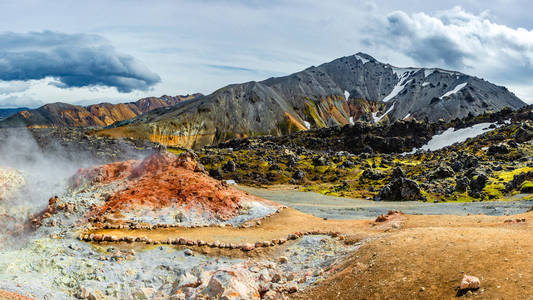 美丽的彩色火山山脉，冰岛，夏季，全景