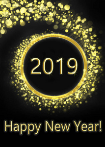 新年快乐的贺卡，金色和黑色，铭文，新年快乐，2019年