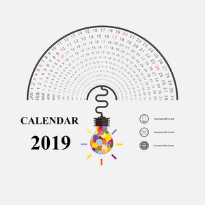 2019日历模板与想法灯泡图标。半圆日历。日历2019套12个月。每年日历矢量设计文具模板。新年快乐2019背景。矢量插图。