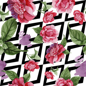 水彩粉红山茶爬花。 花卉植物花。 无缝背景图案。 织物壁纸印花纹理。 背景纹理包装图案边框的水花。