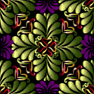 刺绣绿色花卉矢量无缝图案。 挂毯装饰纹理背景。 民族风格的刺绣装饰品。 抽象的格朗格派斯利花叶爱心漩涡。