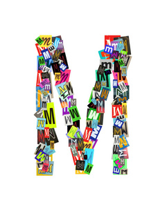 字母收集资本m与字母形成的拼贴较小的图像，大写和小写字母在各种字体和颜色。 孤立于白色背景